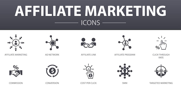Ensemble d'icônes de concept simple de marketing d'affiliation. Contient des icônes telles que le lien d'affiliation, la commission, la conversion, le coût par clic et plus encore, pouvant être utilisées pour le Web, le logo, l'interface utilisateur/UX