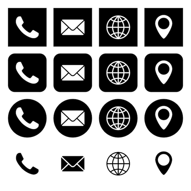 Ensemble d'icônes de contact Pin d'emplacement du courrier téléphonique et site Web Ensemble de icônes noires rondes et carrées