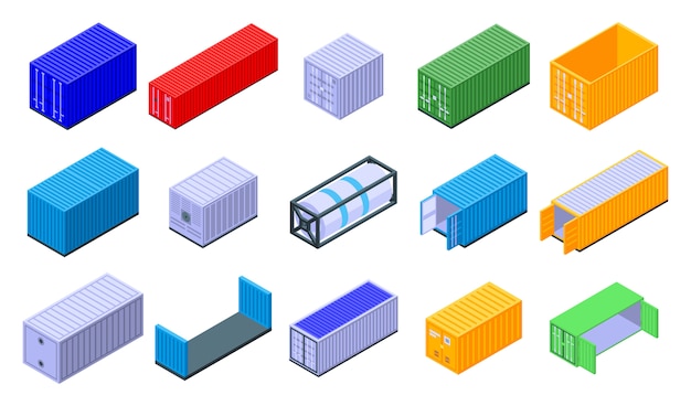 Ensemble d'icônes de conteneur de fret, style isométrique