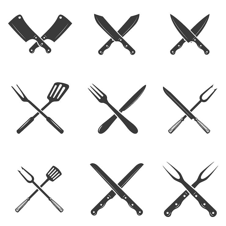 Vecteur ensemble d'icônes de couteaux de restaurant. silhouette - couteaux de couperet et de chef. modèle de logo pour entreprise de viande - boutique de fermier, marché ou - étiquette, autocollant.