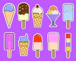 Ensemble d'icônes de crème glacée crème glacée sur un bâton dans une coupe à gaufres design plat illustration vectorielle