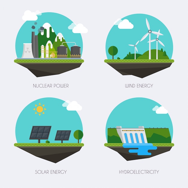 Vecteur ensemble d'icônes avec différents types de production d'électricité. concept de bâtiments d'usine paysage et industriel. infographie plat de vecteur.