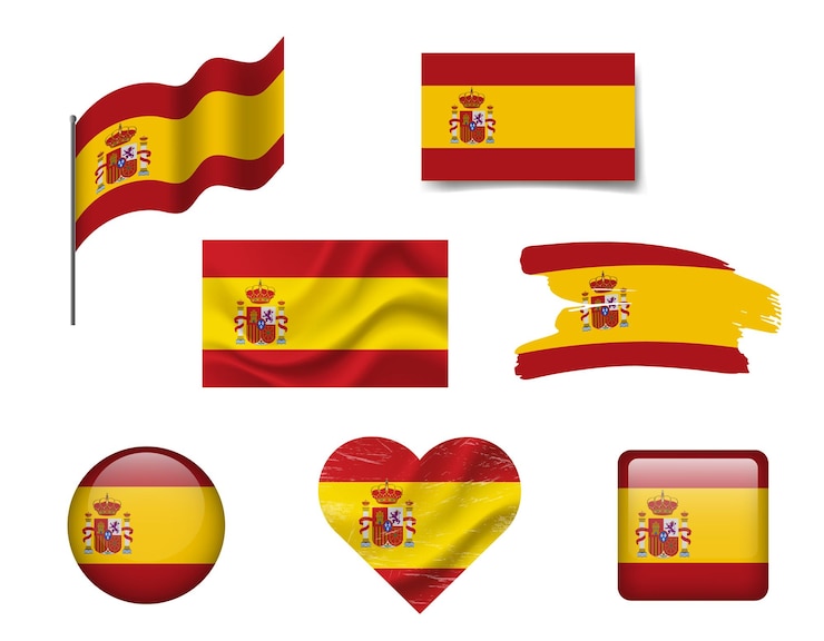 Vecteur ensemble d'icônes du drapeau de l'espagne vector drapeau d'espagne symbole ensemble de drapeaux espagnols bouton de pinceau cœur agité