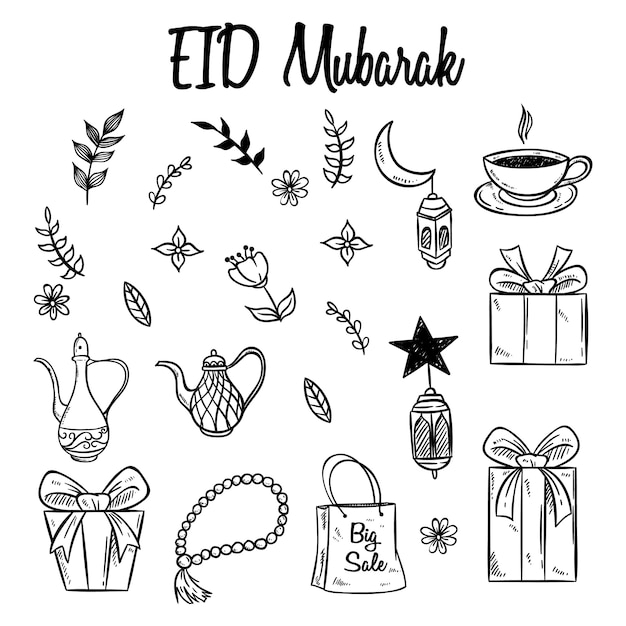 Ensemble D'icônes Eid Mubarak Ou D'éléments Avec Style Dessiné à La Main