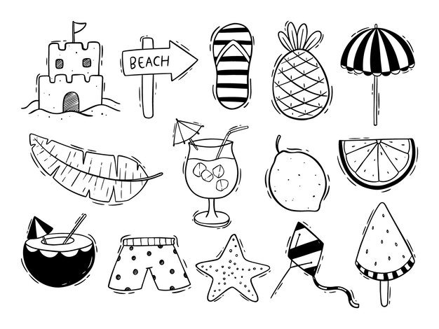 ensemble d'icônes ou d'éléments d'été doodle sur fond blanc