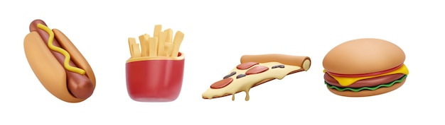 Ensemble d'icônes d'éléments de restauration rapide réalistes 3d ensemble Pizza slice burger frites hot dog isolé sur fond blanc Illustration vectorielle