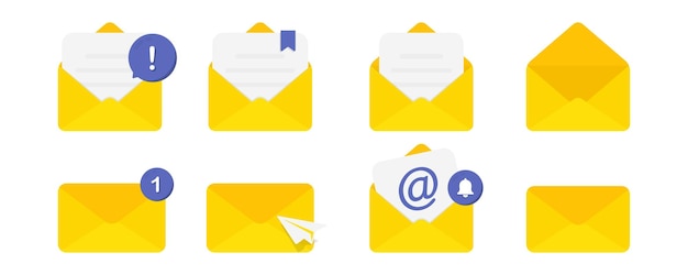Ensemble d'icônes avec une enveloppe de courrier avec différents signes Notification par e-mail Marketing par e-mail Nouveau message entrant spam Livraison de correspondance ou de documents de bureau dans une enveloppe