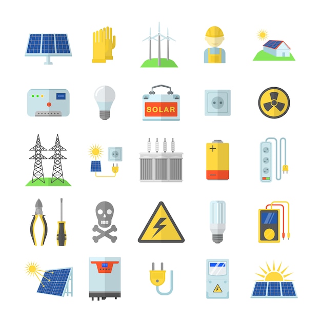 Ensemble d&#39;icônes d&#39;équipement d&#39;énergie solaire. Illustration de plate de 25 icônes d&#39;équipement d&#39;énergie solaire pour le web