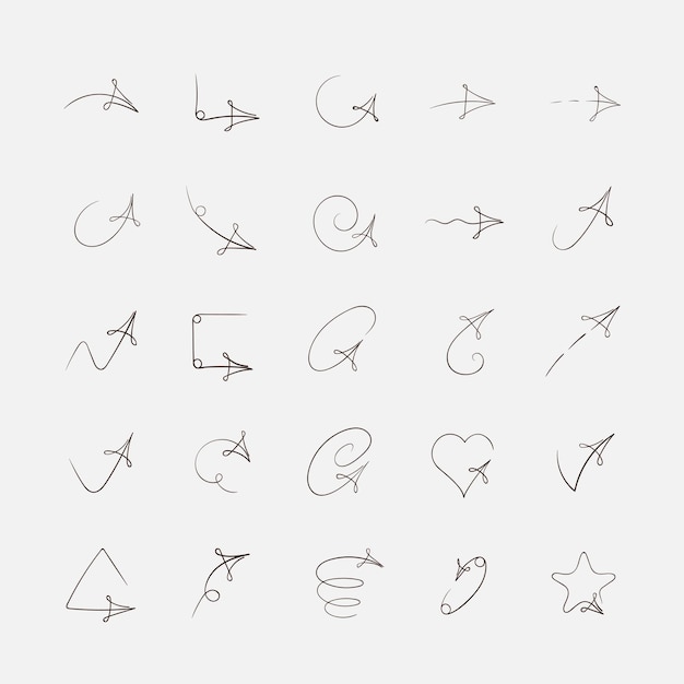 Ensemble d'icônes de flèche Dessin au trait dessin animé plat panneaux de direction Géométrie de contour de ligne élégante mince Croquis dessiné à la main isolé Modèle d'éducation de plan d'affaires Illustration vectorielle
