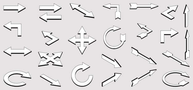 Un ensemble d'icônes de flèche en noir et blanc sous différents angles sur un fond gris Différentes flèches