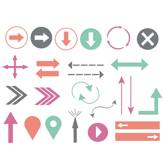 Vecteur ensemble d'icônes de flèches colorées avec des directions différentes