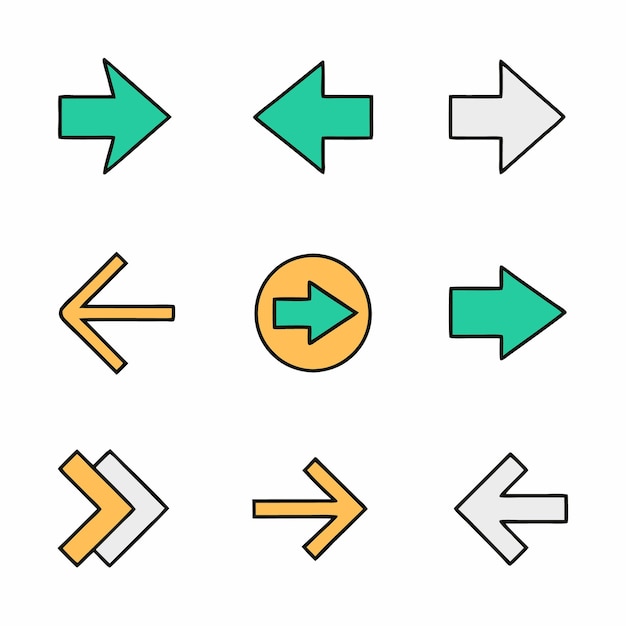 ensemble d'icônes de flèches colorées avec divers styles de directions et éléments de conception minimaux