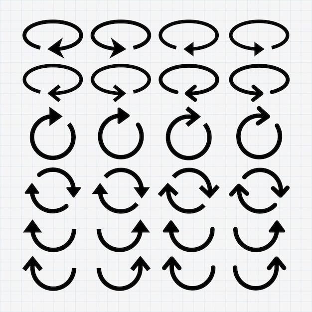 Ensemble d'icônes de flèches noires dans divers dessins circulaires sur un fond de grille Flèches dans différentes directions Icons de flêches circulaires Disposition de la grille fléches noires Ensemble vectoriel d'éléments