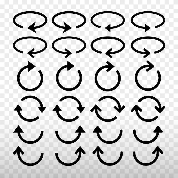 Ensemble d'icônes de flèches noires Divers dessins de flêches montrent la rotation et la direction Flèches dans des styles circulaires et courbes Ensemble de vecteurs d'éléments