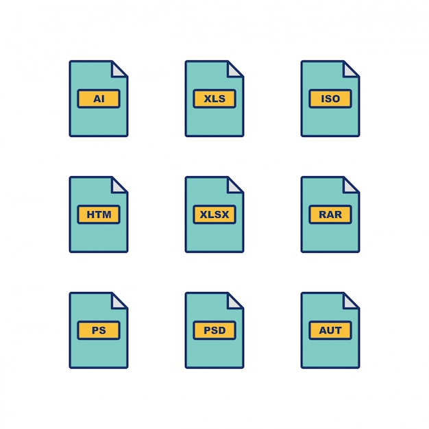 Vecteur ensemble d'icônes de formats de fichiers isolés sur fond blanc