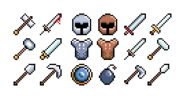 Ensemble d'icônes graphiques pixel 8 bits Illustration vectorielle isolée Art du jeu Bouclier de casque d'armes