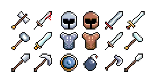 Ensemble D'icônes Graphiques Pixel 8 Bits Illustration Vectorielle Isolée Art Du Jeu Bouclier De Casque D'armes