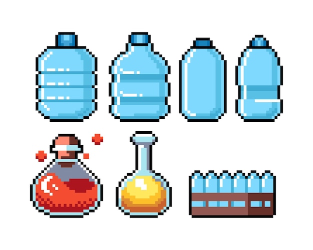 Ensemble D'icônes Graphiques En Pixels 8 Bits. Illustration Vectorielle Isolée. L'art Du Jeu. élixir, Potion,