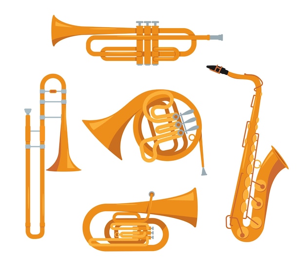 Ensemble d'icônes d'instruments de musique classiques à vent isolés