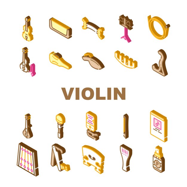 Vecteur ensemble d'icônes d'instruments de musique à cordes de violon violon électrique vectoriel et arc pupitre à musique et notes rack et étui colophane et caisse claire illustrations de couleur de signe isométrique