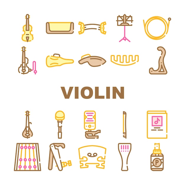 Ensemble D'icônes D'instruments De Musique à Cordes De Violon Violon électrique Vectoriel Et Arc Pupitre à Musique Et Support à Notes Et étui Concept De Colophane Et De Caisse Claire Pictogrammes Linéaires Collection Illustrations De Contour