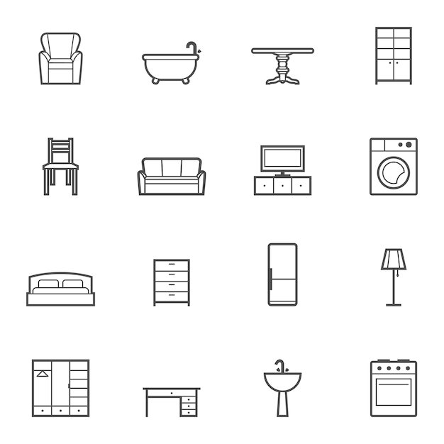 Ensemble d'icônes isolées vectorielles de meubles de maison de contour