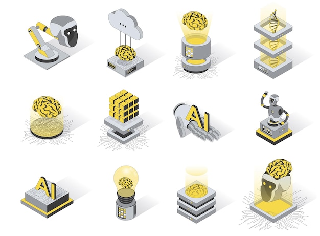 Vecteur ensemble d'icônes isométriques 3d d'intelligence artificielle ensemble d'éléments de robots intelligents d'apprentissage automatique