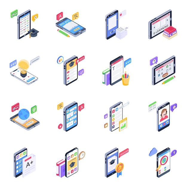 Ensemble d'icônes isométriques d'applications d'apprentissage mobile
