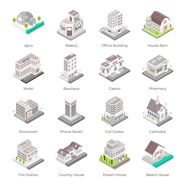 Ensemble D & # 39; Icônes Isométriques D & # 39; Architectures De La Ville