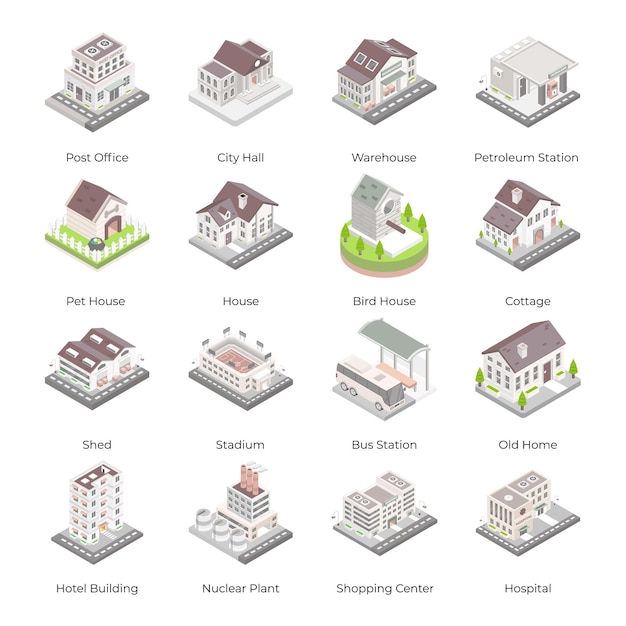 Ensemble D'icônes Isométriques De Bâtiments Modernes
