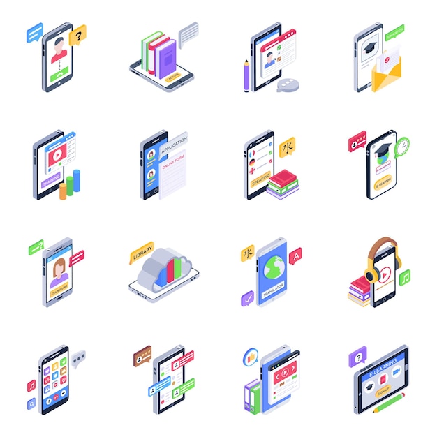 Ensemble d'icônes isométriques de l'éducation mobile
