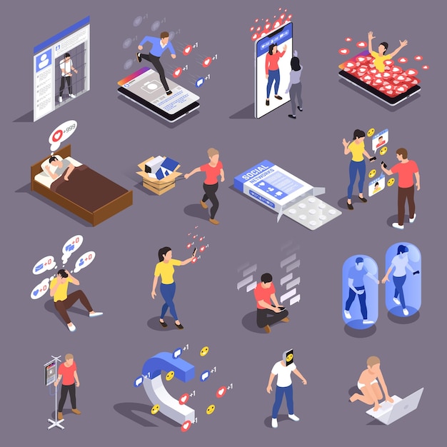Ensemble d'icônes isométriques isolées de dépendance au réseau social avec des images conceptuelles de personnes dépendantes de l'illustration vectorielle des médias sociaux