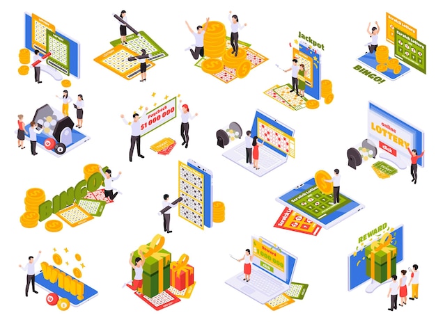 Ensemble D'icônes Isométriques De Loterie De Machine De Rotation De Loto Avec Des Boules De Cartes à Gratter Et Des Billets De Loterie Illustration Vectorielle