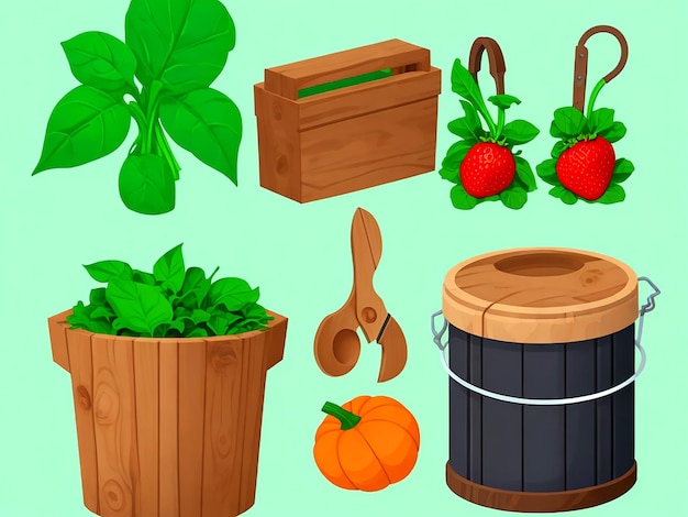 Vecteur ensemble d'icônes de jeu de jardinage et d'éléments de dessins animés de ferme vector creux et boîte en bois squash pompe