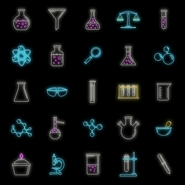 Vecteur ensemble d'icônes de laboratoire scientifique ensemble de vecteurs de laboratoires scientifiques couleur néon sur noir
