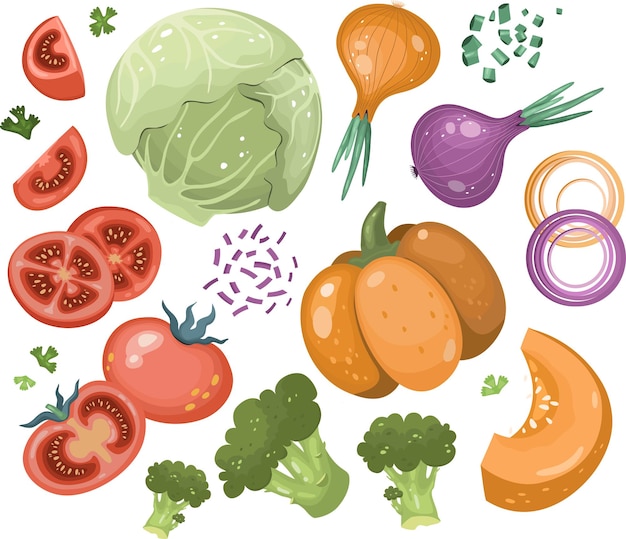 Vecteur ensemble d'icônes de légumes en style cartoon. collection de vecteurs pour les produits agricoles, les menus de restaurant, les étiquettes commerciales et les recettes.