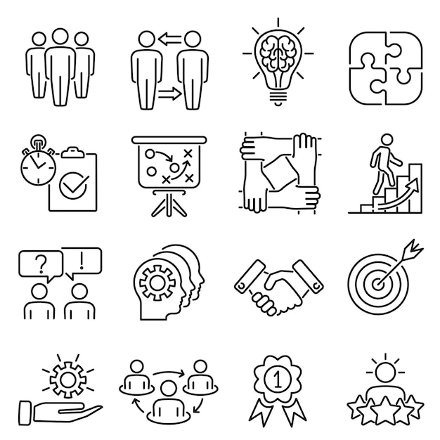 Ensemble d'icônes de ligne de collaboration de travail d'équipe