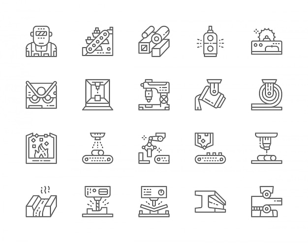 Ensemble D'icônes De Ligne Industrie Métallurgie. Convoyeur, Industrie Minière, Tuyaux En Acier, Métallurgiste, Bras Manipulateur Robotique Et Plus.