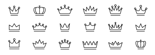 Vecteur ensemble d'icônes de ligne mince de couronne collection de couronne de silhouette