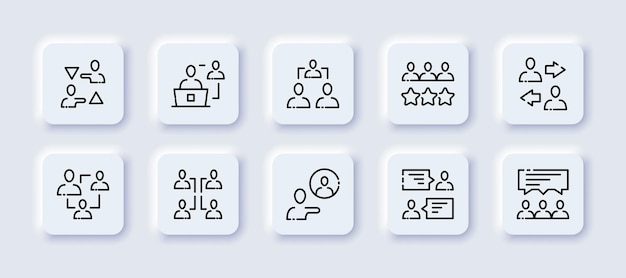 Ensemble d'icônes de ligne néomorphe d'affaires Communication débats discours évaluation étoiles idée plan d'affaires équipe débat société heures concept communication Ensemble d'icônes vectorielles de ligne néomorphe