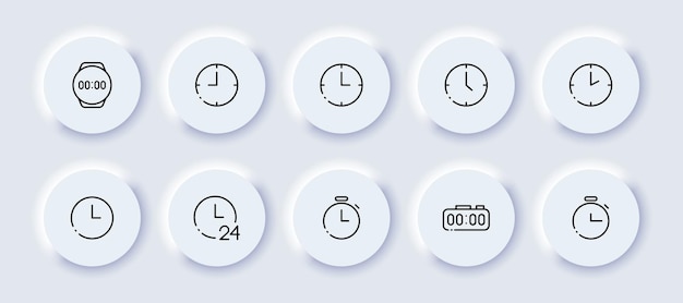 Ensemble d'icônes de ligne néomorphique d'horloge Chronomètre de minuterie de vitesse de néomorphisme 24 heures sur 24 prise en charge de la date limite compétition concept de temps de mur de poignet Ensemble d'icônes vectorielles de ligne néomorphique