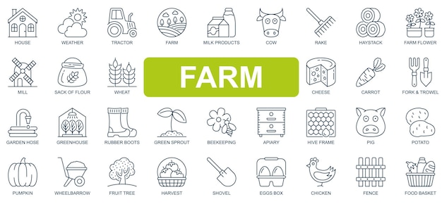 Ensemble d'icônes de ligne simple de concept de ferme Ensemble de produits laitiers de tracteur de maison Fromage de vache