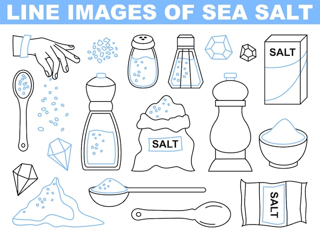 Vecteur ensemble d'icônes de ligne simple de sel de mer emballage d'épices ou d'assaisonnements pots en verre
