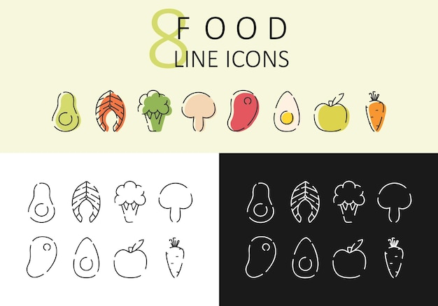 Ensemble d'icônes linéaires d'aliments sains Icônes modernes d'une bonne nutrition Illustration vectorielle