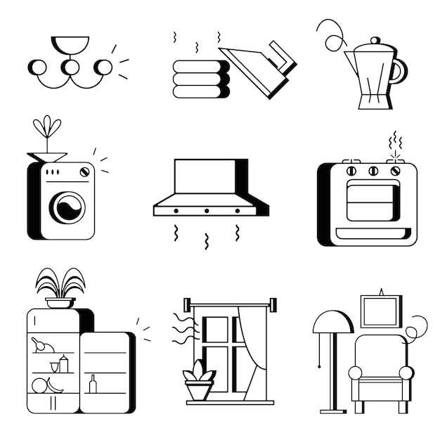 Vecteur un ensemble d'icônes linéaires d'appareils électroménagers. électronique domestique et de cuisine.