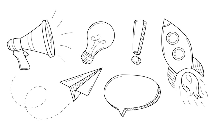 Vecteur un ensemble d'icônes linéaires de démarrage d'entreprise corne fusée ampoule avion en papier point d'exclamation bulle de dialogue illustration vectorielle noir et blanc dessinée à la main isolée sur fond blanc