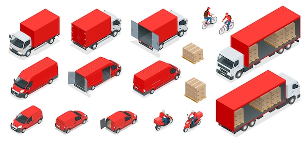 Ensemble d'icônes logistiques isométriques de différents véhicules de distribution de transport, éléments de livraison. Transport de fret isolé sur fond blanc.