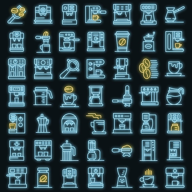 Ensemble d'icônes de machine à café. Ensemble de contour d'icônes vectorielles de machine à café couleur néon sur fond noir