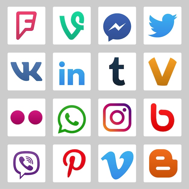 Vecteur ensemble d'icônes de médias sociaux populaires de couleur youtube instagram twitter facebook whatsapp pinterest snapchat vimeo google skype viber et autres