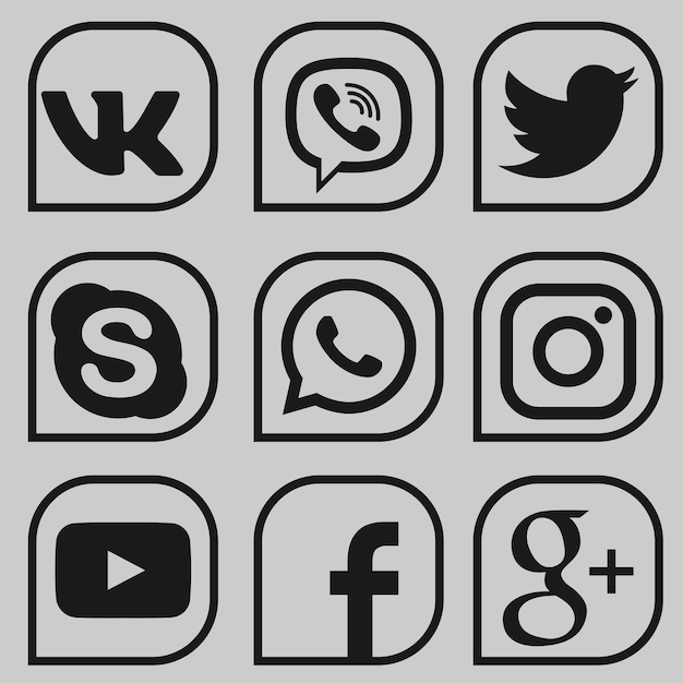 Ensemble D'icônes De Médias Sociaux Populaires Noirs Youtube Instagram Twitter Facebook Whatsapp Google Skype Viber Et Vk